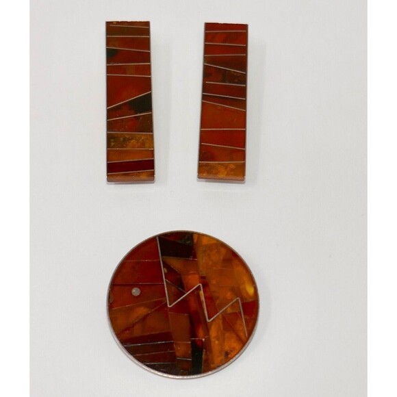 Sterling Silver 925 Modernist Amber Inlay Clip On Earrings & Brooch Pin - Picture 1 of 13